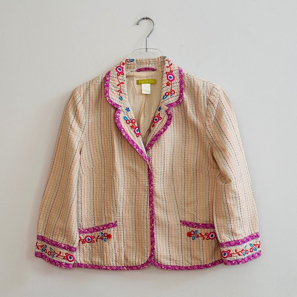 Sigrid Olsen Womens 8 Quilted Kantha Blazer Floral Embroidered Cotton Jacket Tan